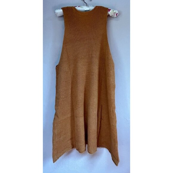 FP Beach Sleeveless Dress Medium Ribbed Knit Mini V-Neck Brown Pockets Beachy - Picture 2 of 9